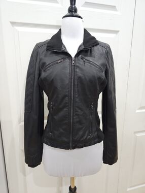 Therapy Lane Crawford Black Quilted Faux Leather Bomber Knit Zip Jacket Coat S